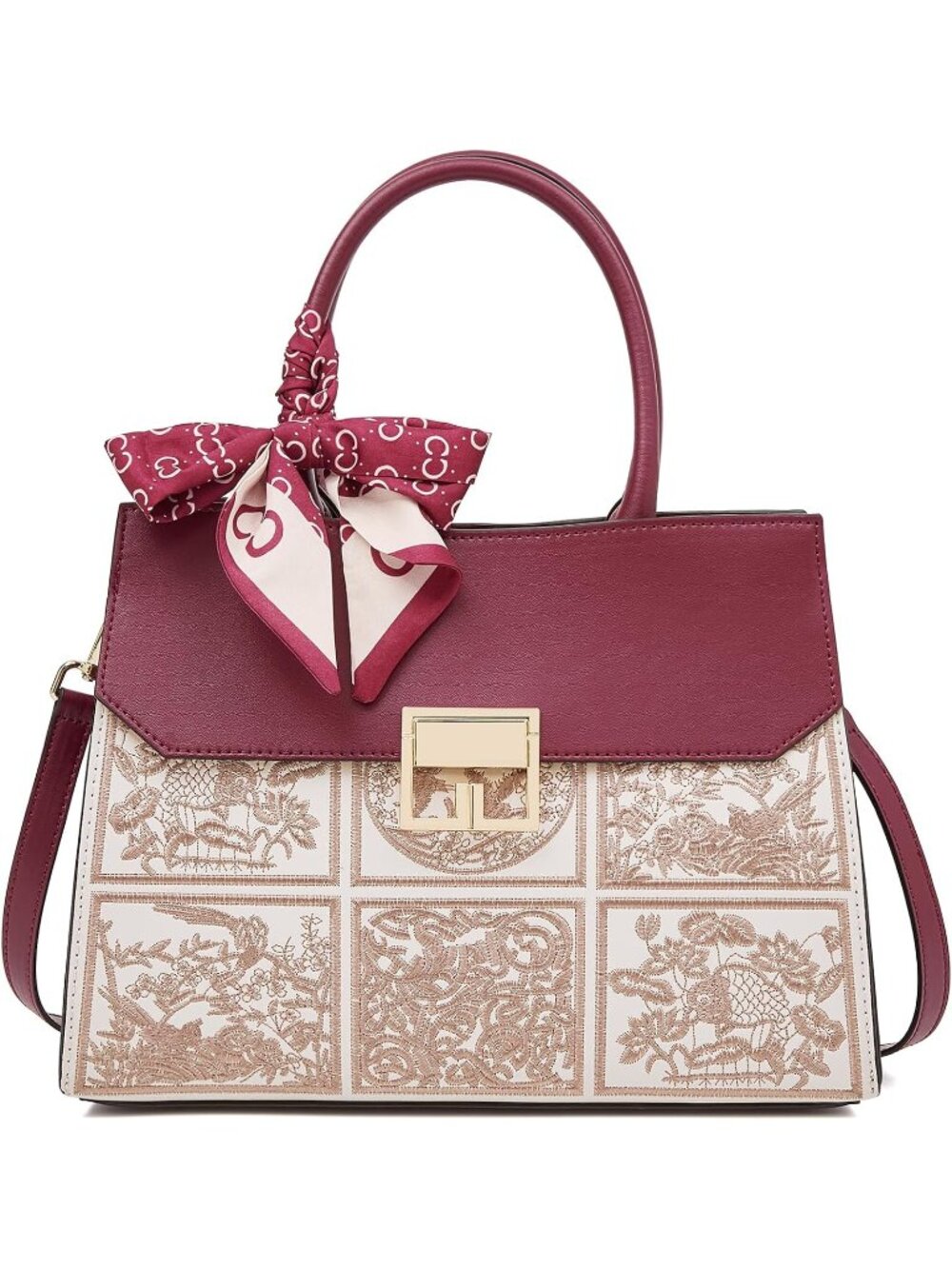 Women's Burgundy Vintage Embroidered Top-Handle Retro Satchel Crossbody Handbag